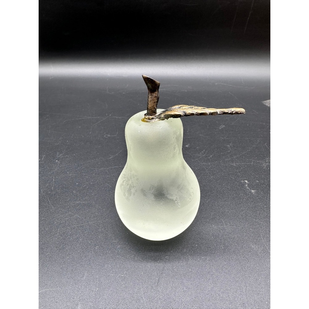 Frosted Glass Pear Figurine With Metal Leaf Vintage Fruit Paperweight Decor‎